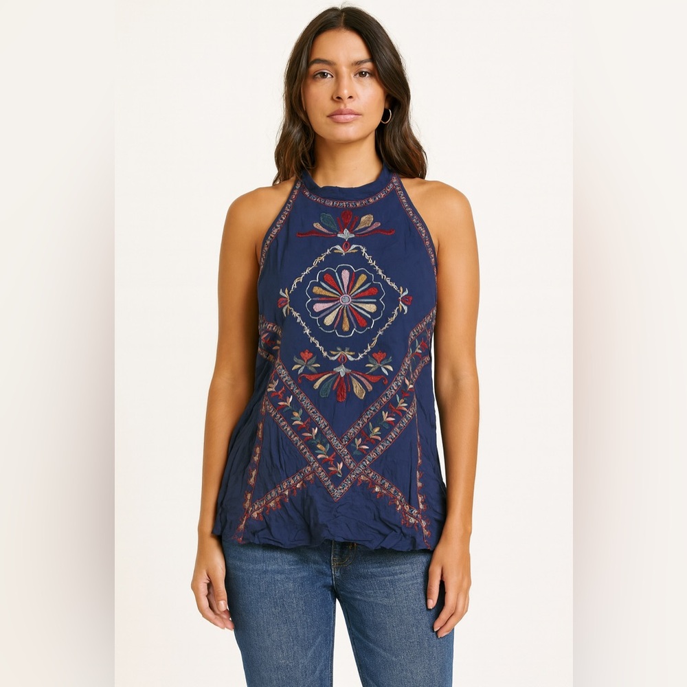 Elegant Navy Embroidered Halter Blouse NWT